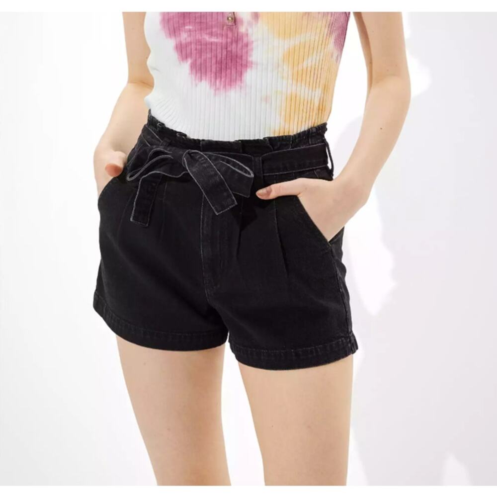 American Eagle Paperbag Denim Mom Shorts Onyx Black Highest Rise